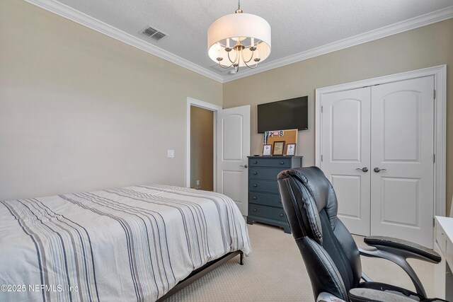361 Amalurra Trl, Saint Johns, FL 32259 - bedroom featuring light carpet, a chandelier, crown molding, a desk, and a closet