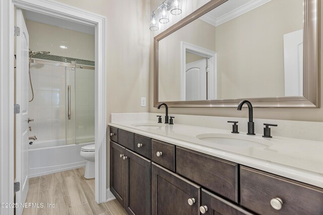 361 Amalurra Trl, Saint Johns, FL 32259 - bathroom featuring ornamental molding, toilet, double vanity, and shower / bath combination