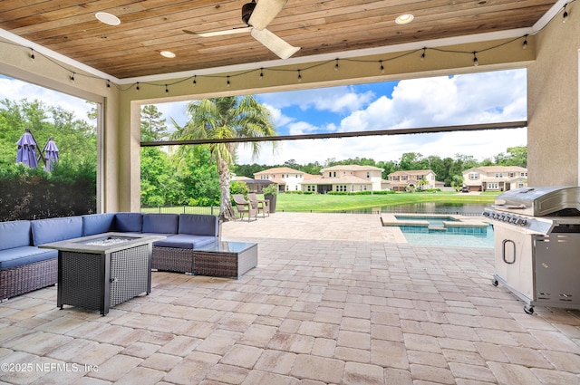 361 Amalurra Trl, Saint Johns, FL 32259 - view of patio featuring an outdoor living space with a fire pit, a grill, ceiling fan, and a pool with connected hot tub