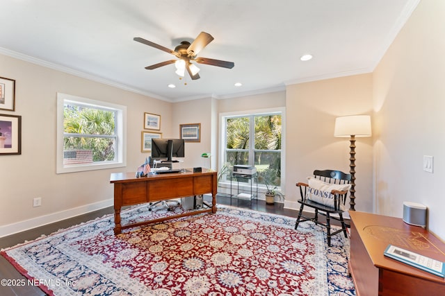 24544 Deer Trace Dr, Ponte Vedra Beach, FL 32082 - office area with wood finished floors, a ceiling fan, baseboards, ornamental molding, and recessed lighting