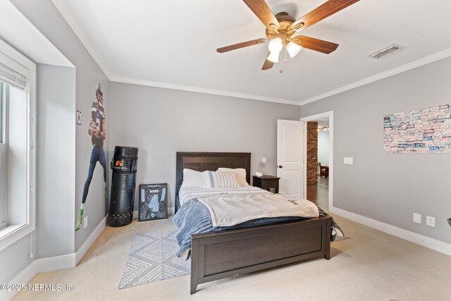 24544 Deer Trace Dr, Ponte Vedra Beach, FL 32082 - bedroom featuring baseboards, crown molding, light colored carpet, and a ceiling fan