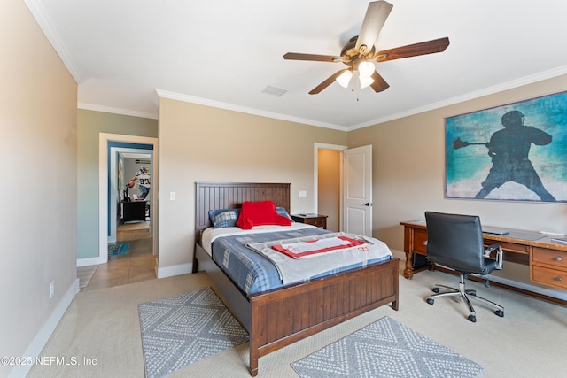 24544 Deer Trace Dr, Ponte Vedra Beach, FL 32082 - bedroom featuring light colored carpet, crown molding, an office area, a ceiling fan, and baseboards