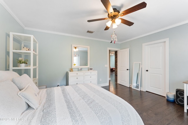 24544 Deer Trace Dr, Ponte Vedra Beach, FL 32082 - bedroom with dark wood finished floors, crown molding, a ceiling fan, and baseboards