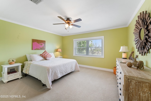 24544 Deer Trace Dr, Ponte Vedra Beach, FL 32082 - bedroom with light colored carpet, ornamental molding, baseboards, and ceiling fan