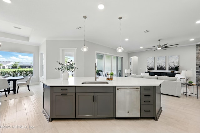 kitchen with dishwasher, gray cabinets, light countertops, recessed lighting, and crown molding