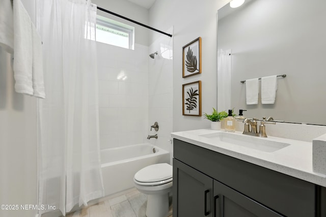 bathroom with shower / bath combination with curtain, toilet, and vanity