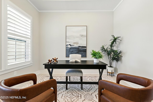 office with ornamental molding, healthy amount of natural light, and baseboards