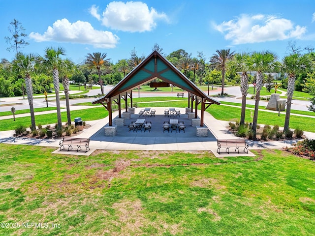 view of community featuring a gazebo and a lawn