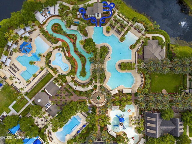 drone / aerial view of a pool area