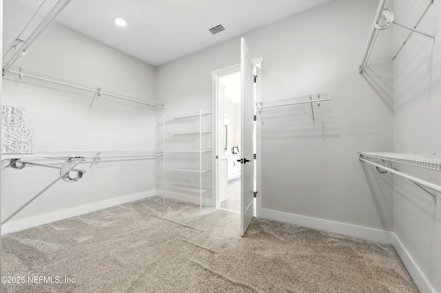 walk in closet featuring light carpet