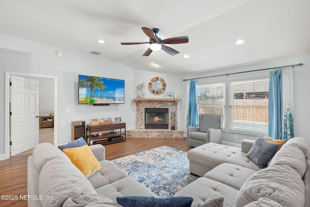 1770 High Brook Ct, Jacksonville, FL 32225 - living room with a ceiling fan, wood finished floors, a brick fireplace, recessed lighting, and baseboards