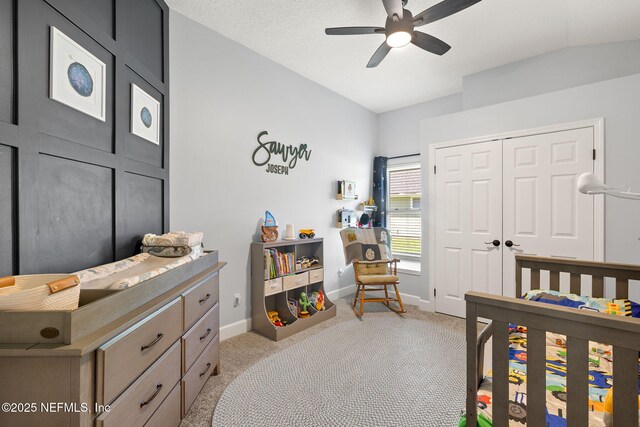 1770 High Brook Ct, Jacksonville, FL 32225 - bedroom with baseboards, light carpet, a closet, lofted ceiling, and ceiling fan