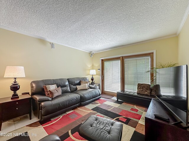 living room with ornamental molding and a textured ceiling