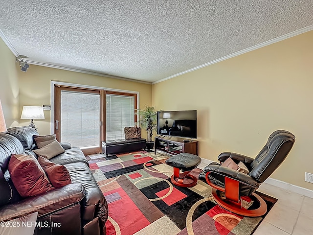 living room with ornamental molding, a textured ceiling, and light tile patterned floors