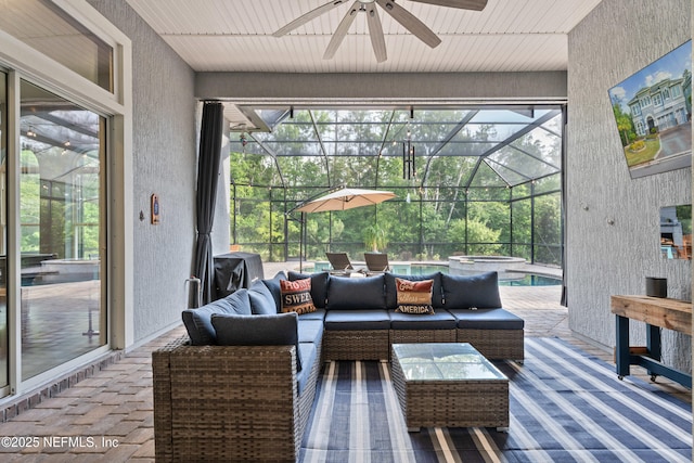 135 Tate Ln, Saint Johns, FL 32259 - view of patio / terrace featuring a ceiling fan, a lanai, outdoor lounge area, and a pool with connected hot tub