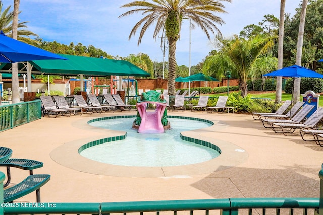 view of swimming pool with fence and a patio