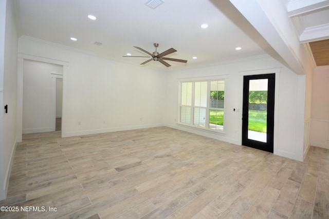 95121 N Ellis Landing Rd, Fernandina Beach, FL 32034 - unfurnished living room with crown molding, ceiling fan, recessed lighting, light wood finished floors, and baseboards