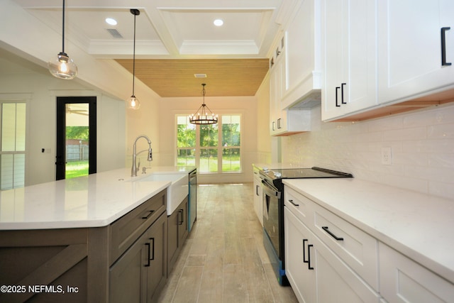 95121 N Ellis Landing Rd, Fernandina Beach, FL 32034 - kitchen with range with electric stovetop, a sink, light wood-type flooring, white cabinets, and crown molding