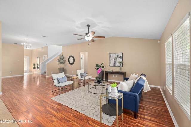 467 S Aberdeenshire Dr, Saint Johns, FL 32259 - living area with wood finished floors, stairs, plenty of natural light, ceiling fan, and vaulted ceiling