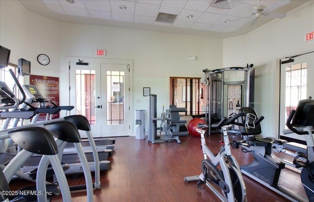 467 S Aberdeenshire Dr, Saint Johns, FL 32259 - gym featuring a towering ceiling, french doors, ornamental molding, dark wood-type flooring, and ceiling fan