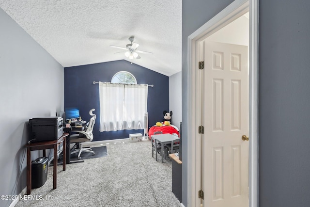 3100 Hickory Glen Dr, Orange Park, FL 32065 - carpeted office featuring a ceiling fan, vaulted ceiling, a textured ceiling, and baseboards