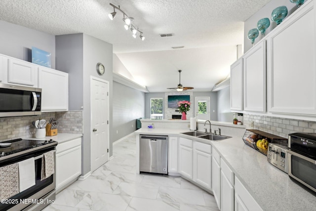 3100 Hickory Glen Dr, Orange Park, FL 32065 - kitchen featuring appliances with stainless steel finishes, a sink, lofted ceiling, light countertops, and white cabinetry