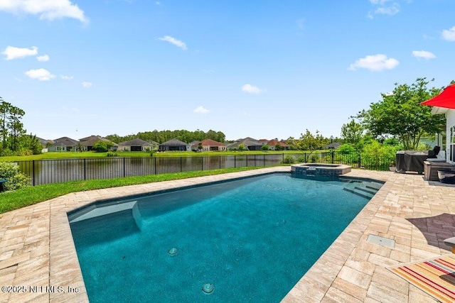 2035 Arden Forest Pl, Fleming Island, FL 32003 - view of pool with a patio area, a fenced backyard, a residential view, a water view, and a pool with connected hot tub