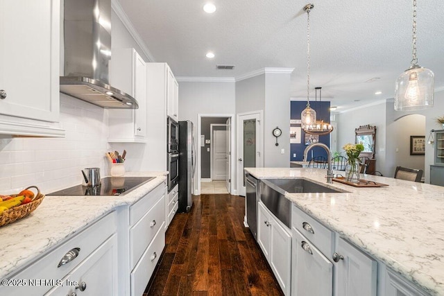 2035 Arden Forest Pl, Fleming Island, FL 32003 - kitchen with wall chimney exhaust hood, stainless steel appliances, a sink, ornamental molding, and hanging light fixtures