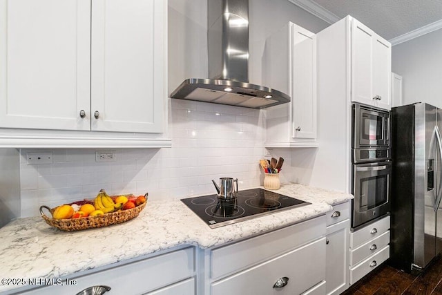 2035 Arden Forest Pl, Fleming Island, FL 32003 - kitchen featuring wall chimney range hood, stainless steel appliances, crown molding, white cabinets, and tasteful backsplash