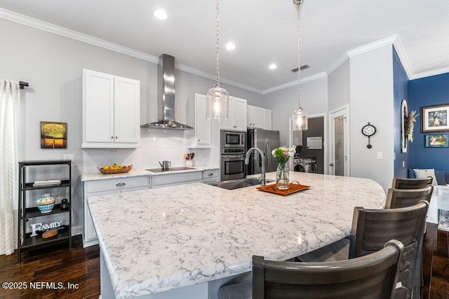 2035 Arden Forest Pl, Fleming Island, FL 32003 - kitchen with wall chimney exhaust hood, stainless steel appliances, a sink, a spacious island, and dark wood-style flooring