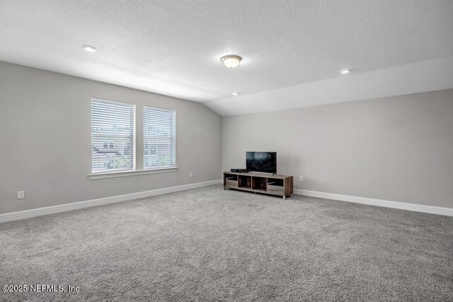 23 Catesby Ln, Saint Augustine, FL 32095 - unfurnished living room with a textured ceiling, carpet, baseboards, lofted ceiling, and recessed lighting