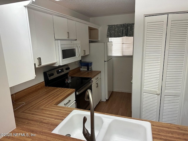 3801 Crown Point Rd Unit 1033, Jacksonville, FL 32257 - kitchen with white appliances, a sink, butcher block countertops, and a textured ceiling