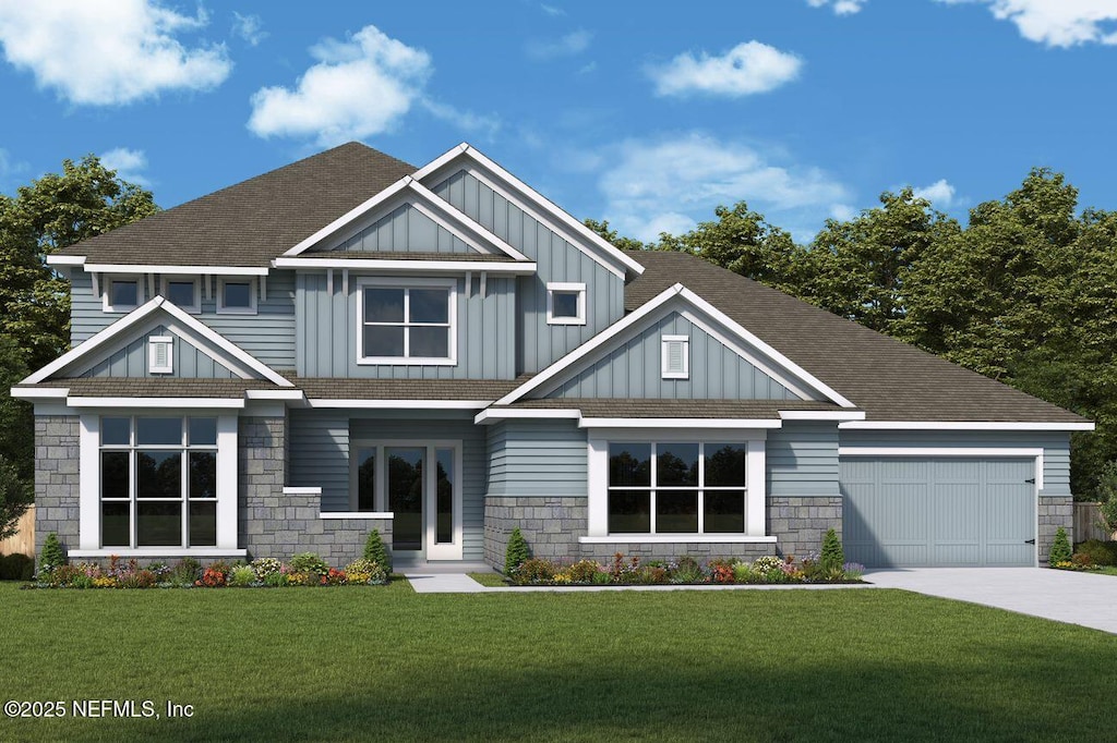 196 Barrier Reef Dr, Ponte Vedra, FL 32281 - craftsman house featuring driveway, board and batten siding, an attached garage, a front yard, and roof with shingles