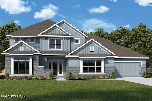 craftsman house featuring driveway, board and batten siding, an attached garage, a front yard, and roof with shingles
