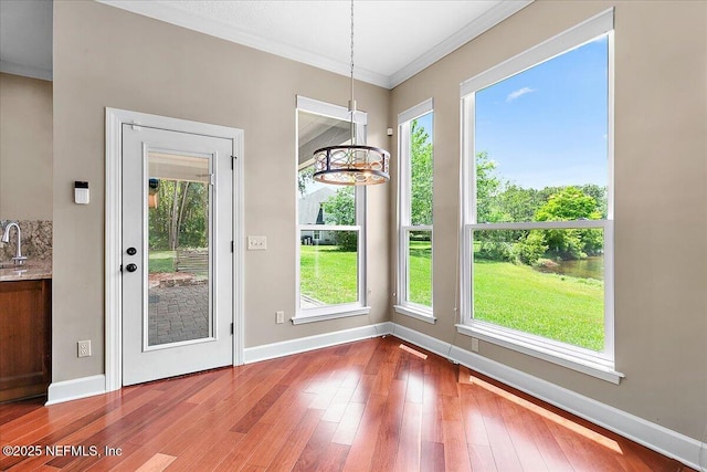 1476 Mallard Landing Blvd, Saint Johns, FL 32259 - unfurnished dining area with crown molding, baseboards, wood finished floors, and a sink