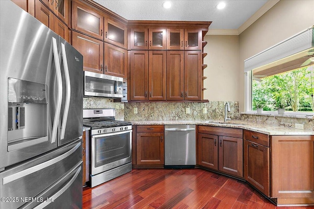 1476 Mallard Landing Blvd, Saint Johns, FL 32259 - kitchen featuring appliances with stainless steel finishes, a sink, dark wood-style flooring, tasteful backsplash, and open shelves