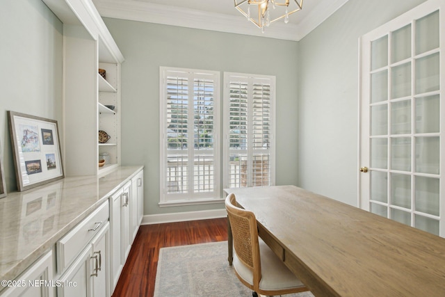 1867 Paradise Moorings Blvd, Middleburg, FL 32068 - office featuring crown molding, dark wood-style floors, a chandelier, and baseboards