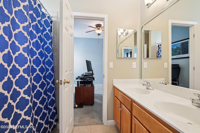 1867 Paradise Moorings Blvd, Middleburg, FL 32068 - full bath featuring tile patterned floors, a ceiling fan, double vanity, and curtained shower