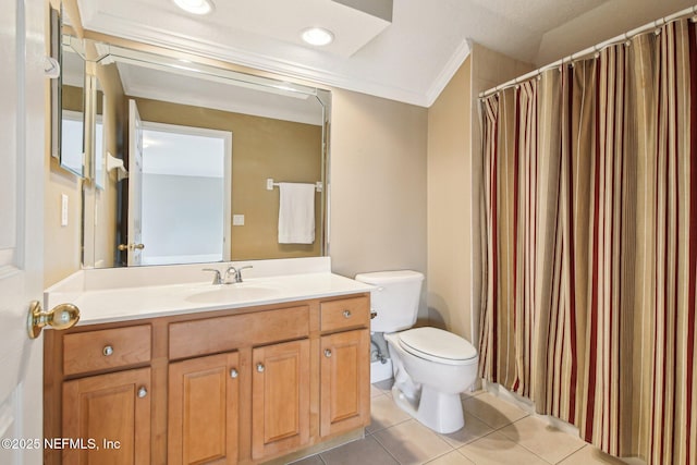 1867 Paradise Moorings Blvd, Middleburg, FL 32068 - bathroom featuring ornamental molding, tile patterned flooring, toilet, vanity, and recessed lighting