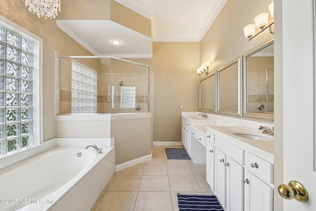 1867 Paradise Moorings Blvd, Middleburg, FL 32068 - full bathroom with tile patterned flooring, double vanity, tiled shower, a bath, and crown molding