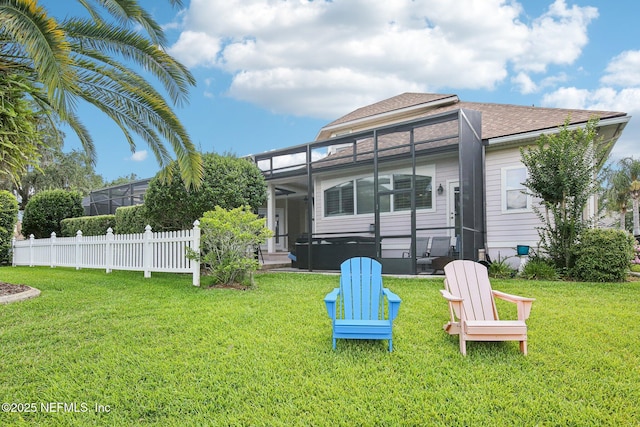 1867 Paradise Moorings Blvd, Middleburg, FL 32068 - back of property with a hot tub, glass enclosure, roof with shingles, and a patio area