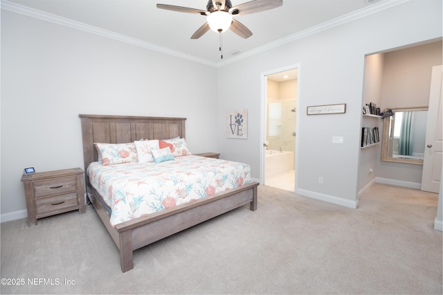 103 Tarbert Ln, Saint Augustine, FL 32092 - bedroom with light carpet, baseboards, ornamental molding, connected bathroom, and a ceiling fan