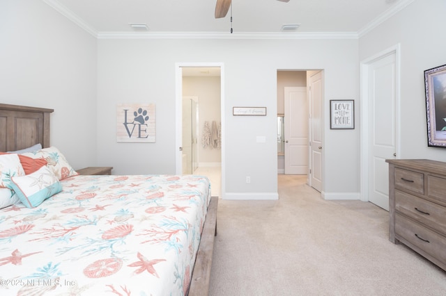 103 Tarbert Ln, Saint Augustine, FL 32092 - bedroom with crown molding, light colored carpet, baseboards, ceiling fan, and connected bathroom