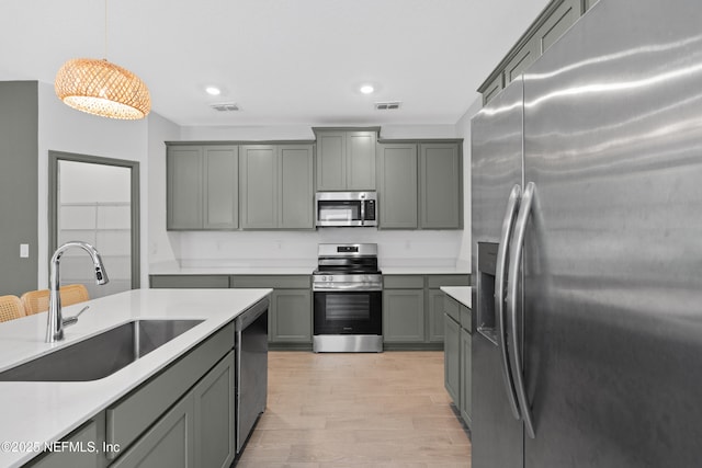 727 Lake Sinclair St, Saint Augustine, FL 32084 - kitchen with stainless steel appliances, a sink, gray cabinetry, light wood-style floors, and pendant lighting