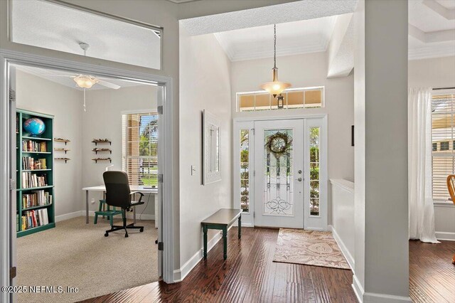 2005 Rivers Own Rd, Saint Augustine, FL 32092 - foyer entrance with hardwood / wood-style floors, baseboards, ornamental molding, ceiling fan, and a towering ceiling