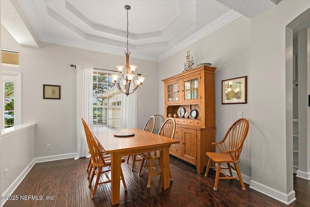 2005 Rivers Own Rd, Saint Augustine, FL 32092 - dining room with dark wood-style floors, a chandelier, a tray ceiling, baseboards, and ornamental molding