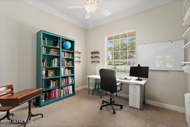 2005 Rivers Own Rd, Saint Augustine, FL 32092 - office area with ceiling fan, light carpet, crown molding, and baseboards