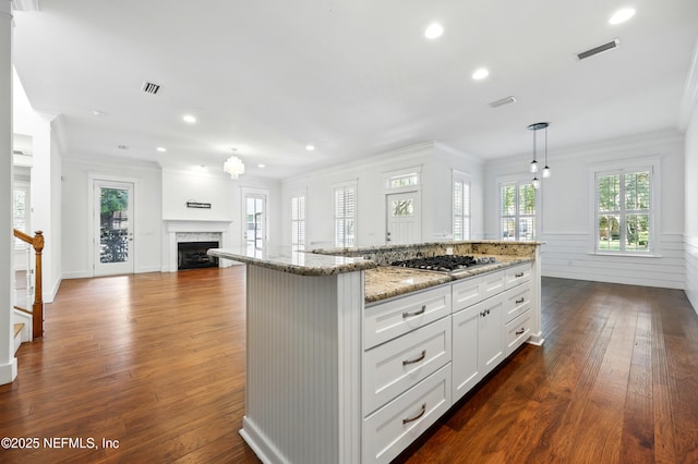 318 Sophia Ter, Saint Augustine, FL 32095 - kitchen with dark wood-style flooring, stainless steel gas cooktop, decorative light fixtures, recessed lighting, and light stone counters