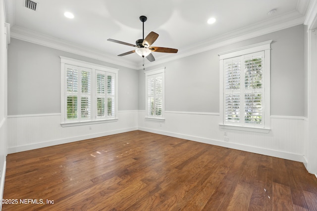 318 Sophia Ter, Saint Augustine, FL 32095 - unfurnished room featuring wainscoting, ceiling fan, ornamental molding, wood finished floors, and a smoke detector