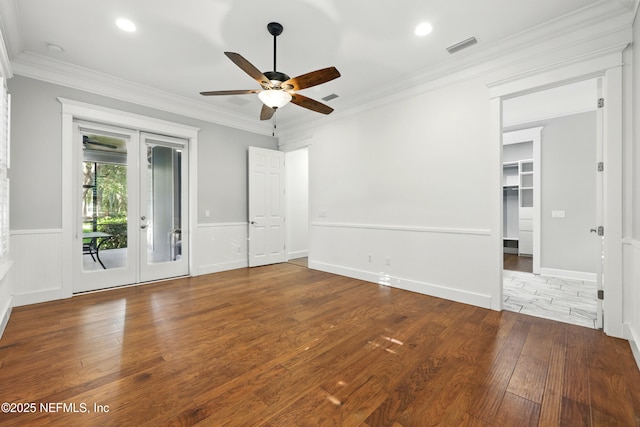 318 Sophia Ter, Saint Augustine, FL 32095 - unfurnished bedroom featuring wood finished floors, ornamental molding, access to outside, ceiling fan, and french doors